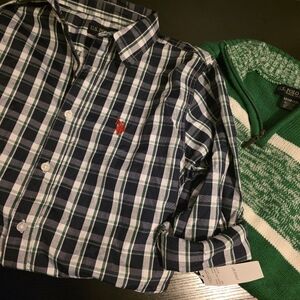 Youth U.S. Polo Assn. Plaid Shirt & Green Sweater.